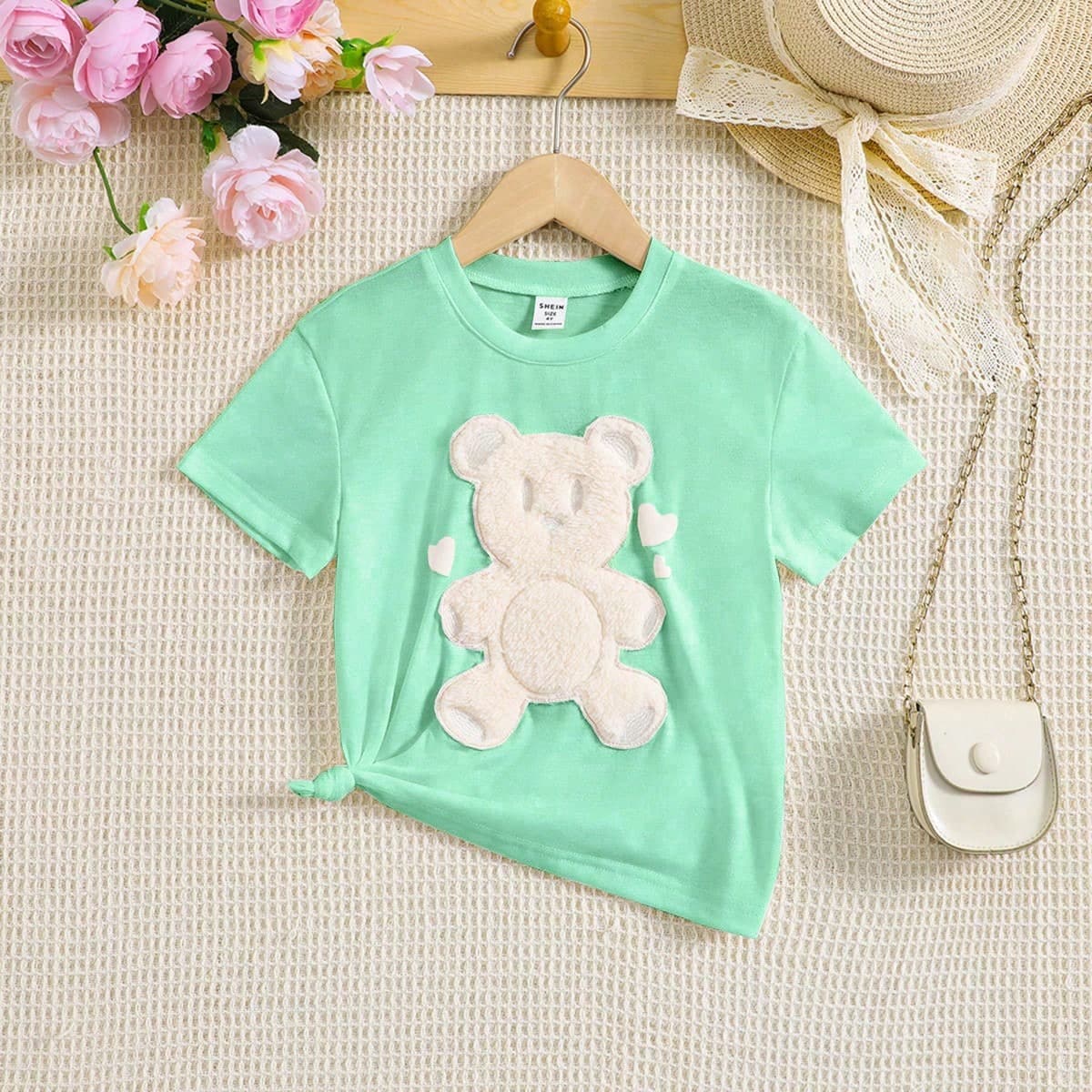 T-shirt Ã manches courtes pour jeune fille avec broderie d"ours bleu pour la rentrÃ©e scolaire, haut dÃ©contractÃ© pour la transition estivale pour