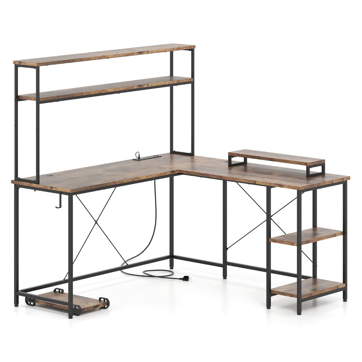CostwayBureau d'Ordinateur Reversible en Forme de L avec Bande LED et Prises de Courant Support pour Écran & CPU Bois Rustique