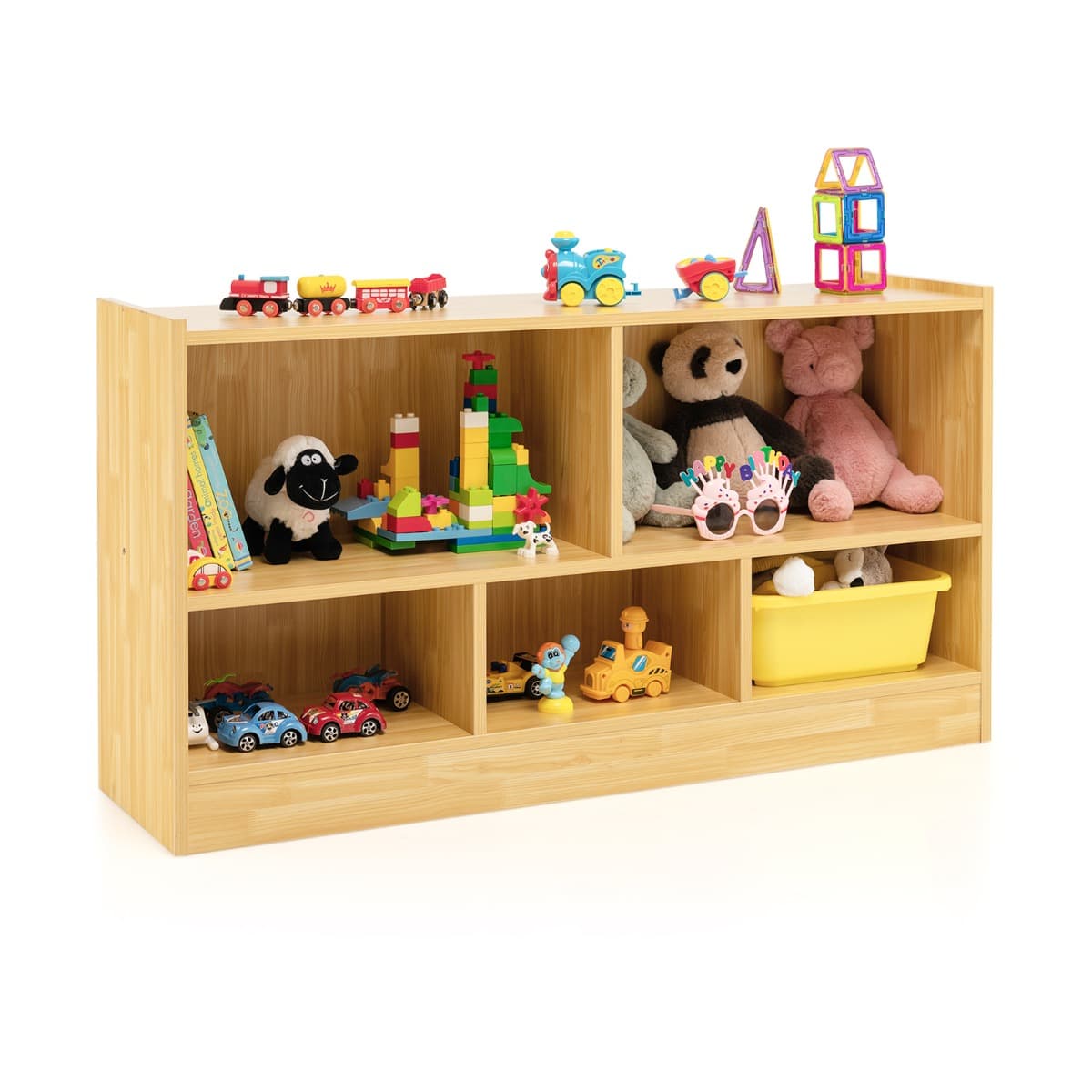 CostwayBibliothèque pour Enfants 111x30x61,5 CM avec 5 Compartiments et Patins Antidérapants pour Jouets Livres Beige