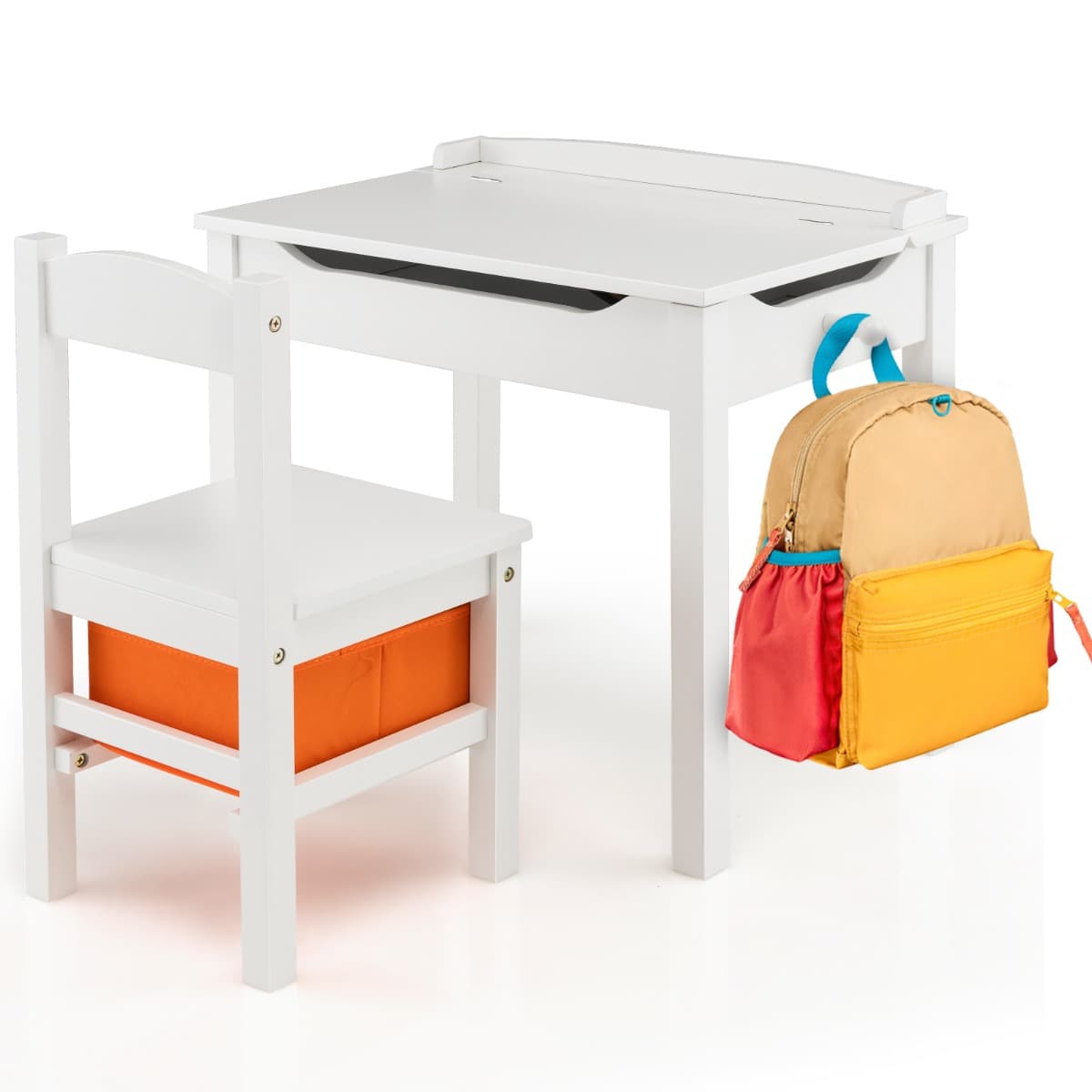 CostwayTable et Chaises Enfants en Bois avec Plateau Rabattable Bureau Enfants avec Espace de Rangement Charge 70kg pour Enfants de 3 Ans+