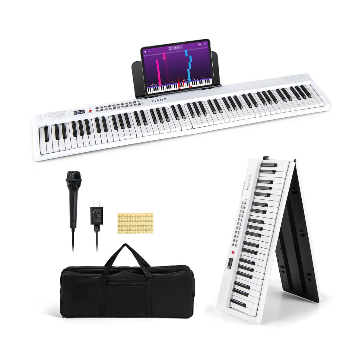 CostwayPiano Electronique Pliable à 88 Touches Semi-Lesté de Taille Standard avec MIDI 1 000 Rythmes 1 000 Timbres 150 Démos Enregistrement Blanc