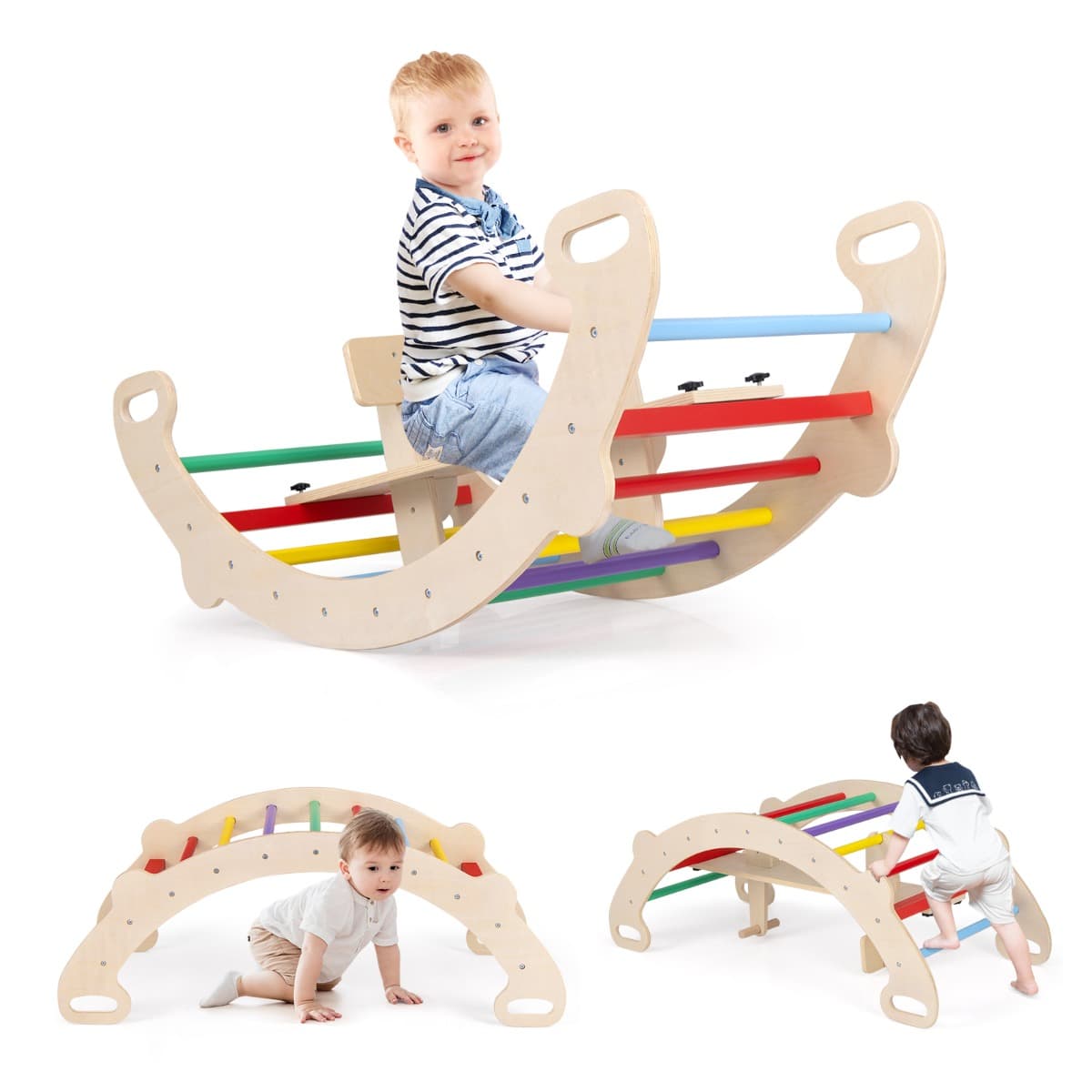 CostwayArche d’Escalade et Cheval à Bascule Jouets d'Escalade en Bois 4 en 1 pour Enfants de 1 à 5 Ans Ensemble de Jeu Montessori Coloré