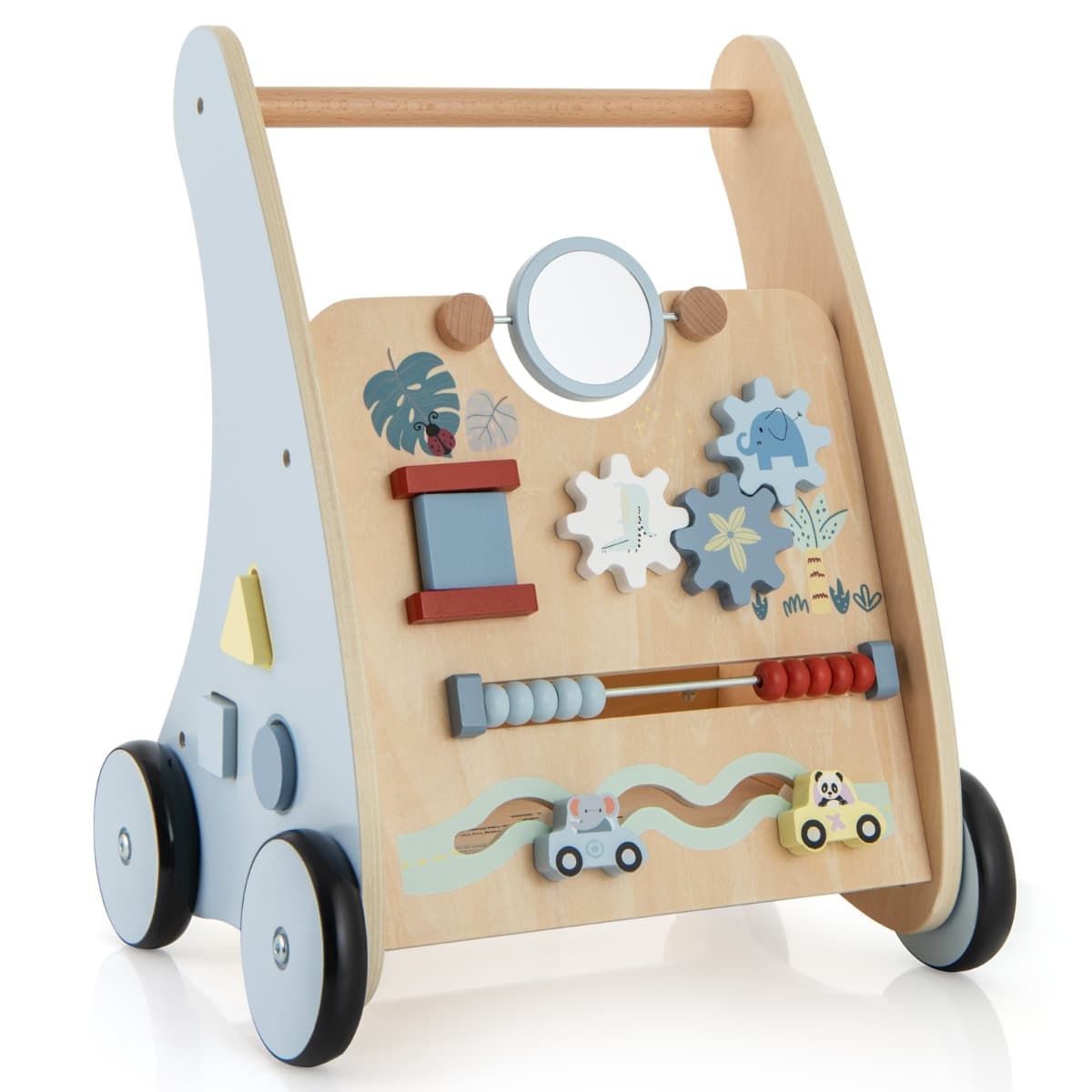 CostwayTrotteur en Bois Marcheur à Pousser et à Tirer avec Centre d'Apprentissage Multi-activités Trotteur pour Enfants Assis-debout avec Rangement