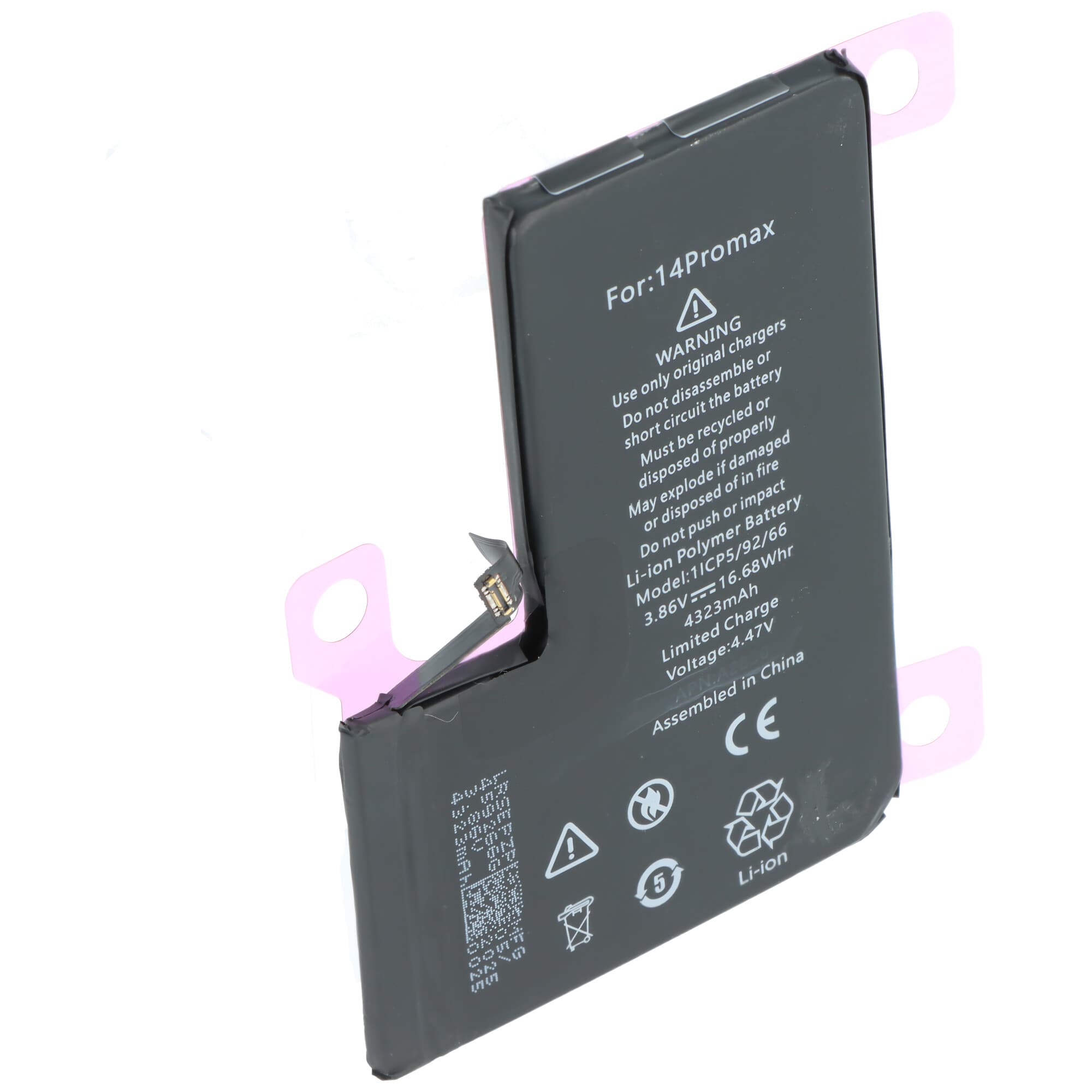 Batterie compatible avec Apple iPhone 14 Pro Max, Li-Polymère, 3,86 V, 4323 mAh, 16,68 Wh, sans outils