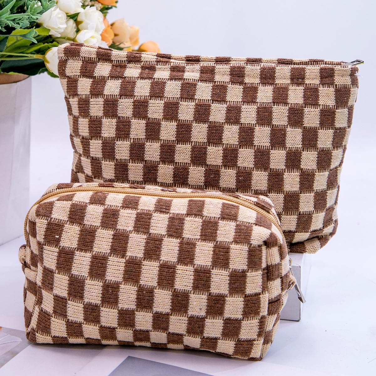 Ensemble de 2 sacs à maquillage à carreaux pour lautomne et lhiver, sacs légers multifonctionnels pour lorganisation de cosmétiques, trousse de