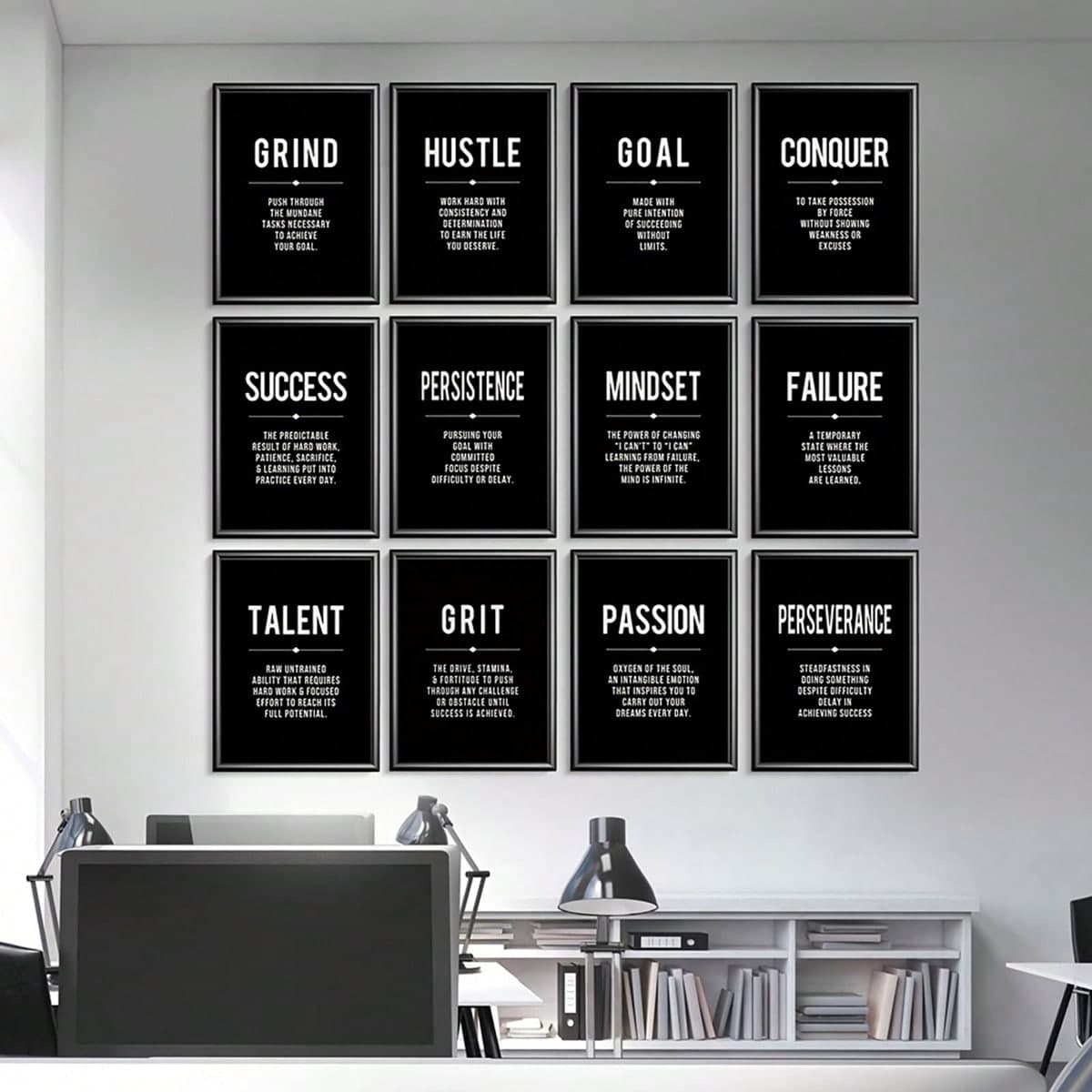 Ensemble De 12 Pièces D'art Mural En Toile Noire Moderne Avec Citations Motivantes