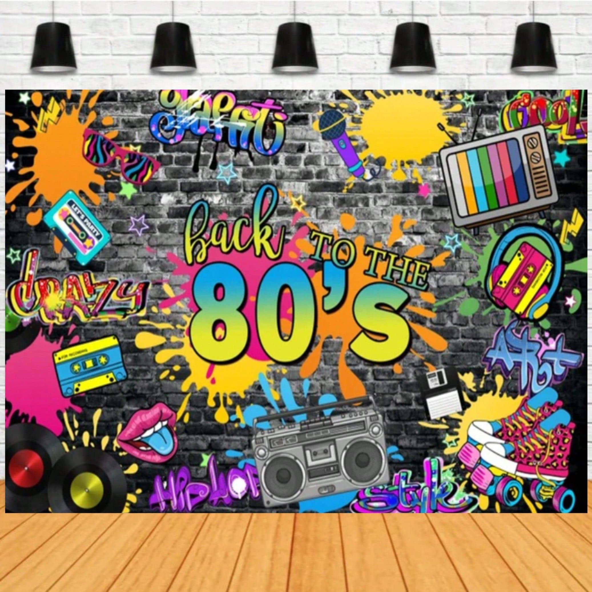 Retour aux années 80 "90 Soirée à thème Vinyle musique Disco Toiles de fond Graffiti Neon Glow Photographie Milieux Bannière Décor Photocall