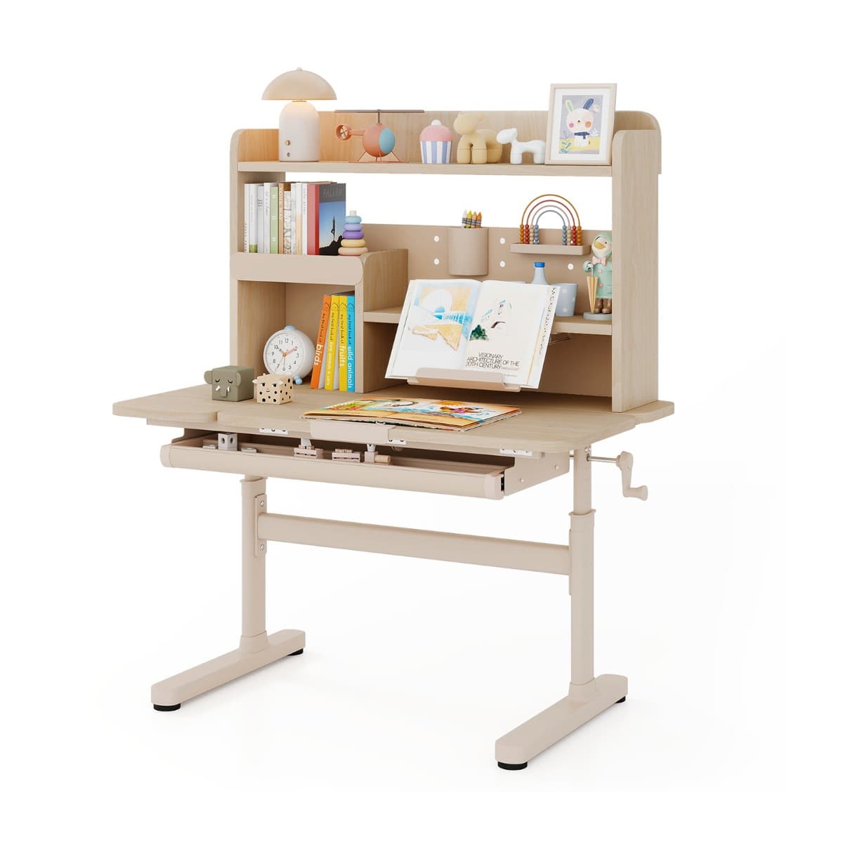 CostwayBureau d'Étude pour Enfants avec Bibliothèque et Tiroir Table d'Écriture Réglable en Hauteur pour Enfants avec Plateau Inclinable Naturel