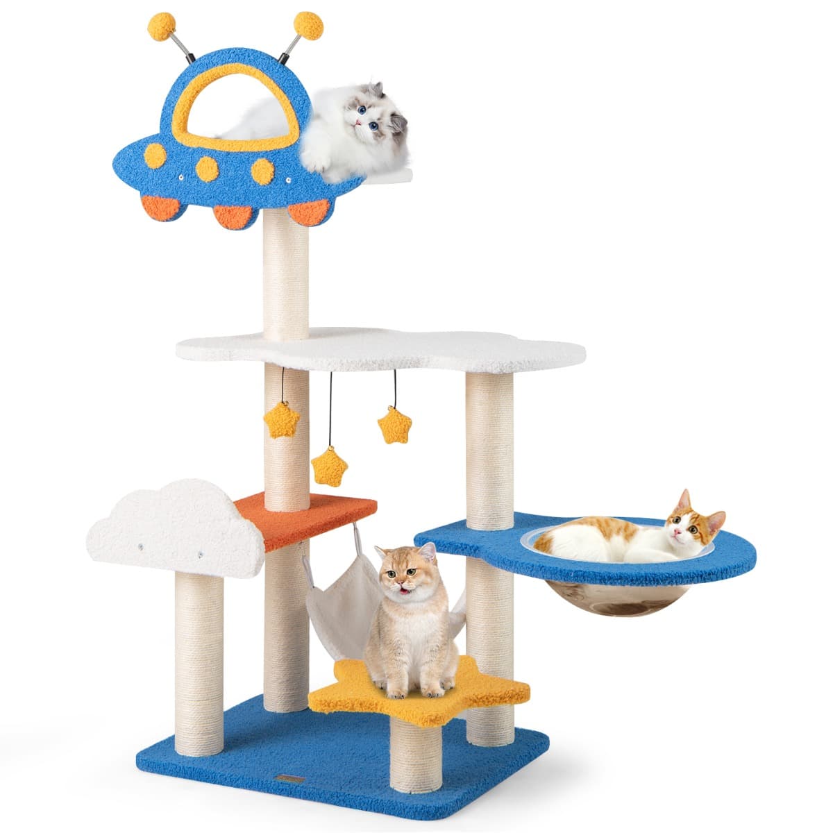 Costway124 CM Arbre à Chat sur le Thème de l'Espace avec Perchoir en Forme d'UFO Capsule Spatiale Poteaux à Gratter en Sisal Bleu
